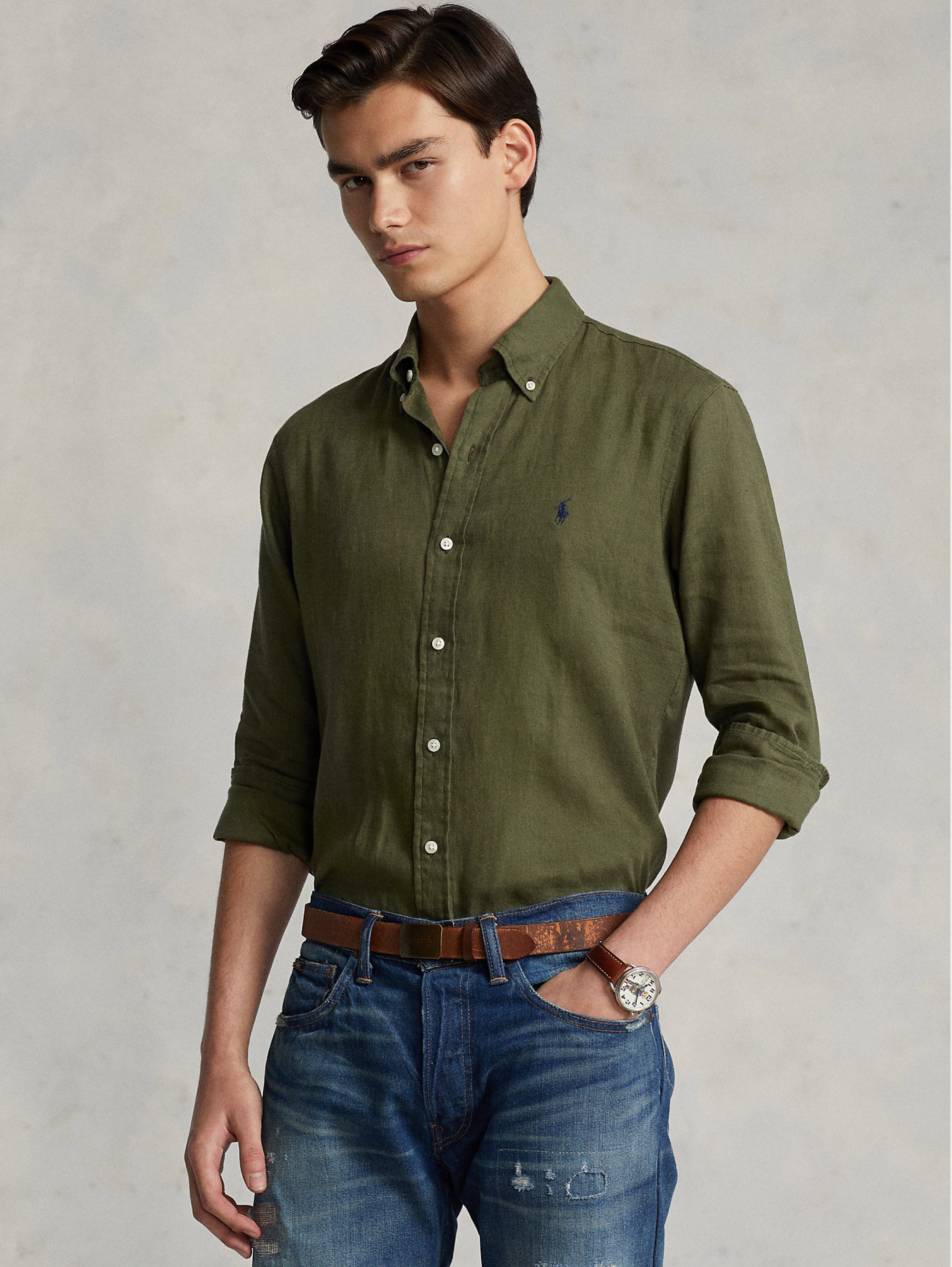 RALPH LAUREN-Camicia in lino Slim Fit Verde Militare-TRYME Shop