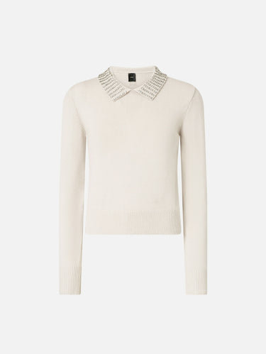 Pull ajusté à col avec strass beige