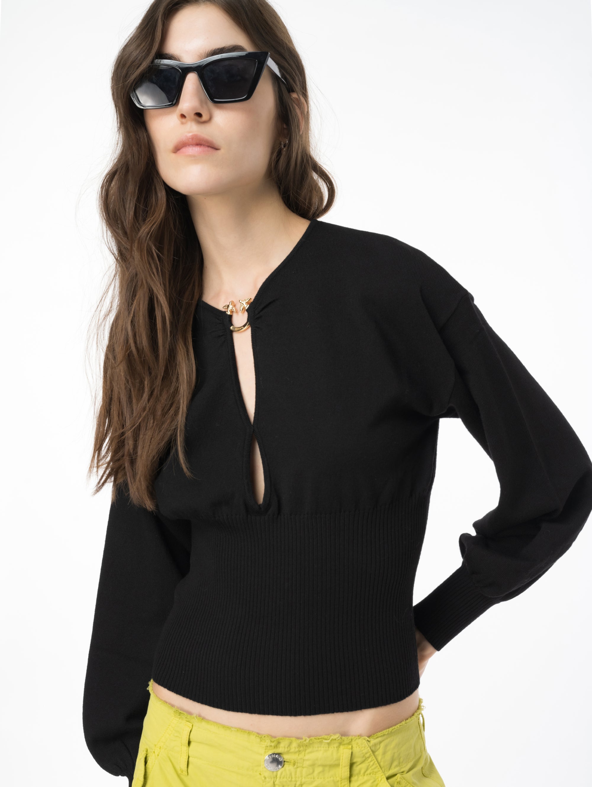 Cut-Out Sweater with Black Buckle