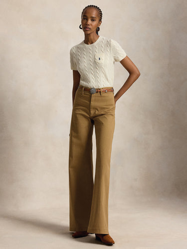 Kurzarmshirt mit Zopfmuster in Creme