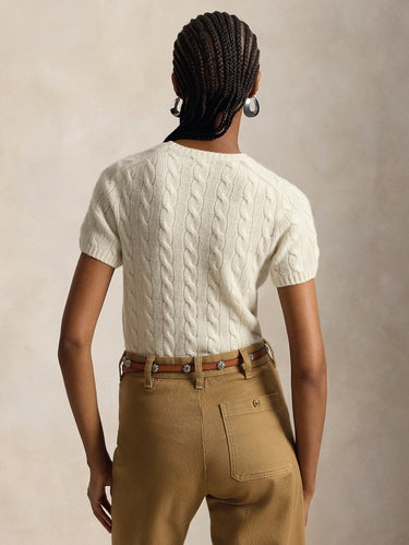 Kurzarmshirt mit Zopfmuster in Creme