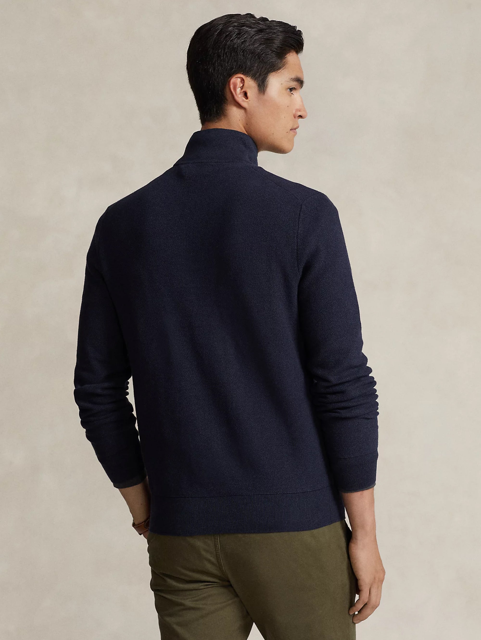 Piqué-Pullover mit halbem Reißverschluss aus blauer Baumwolle