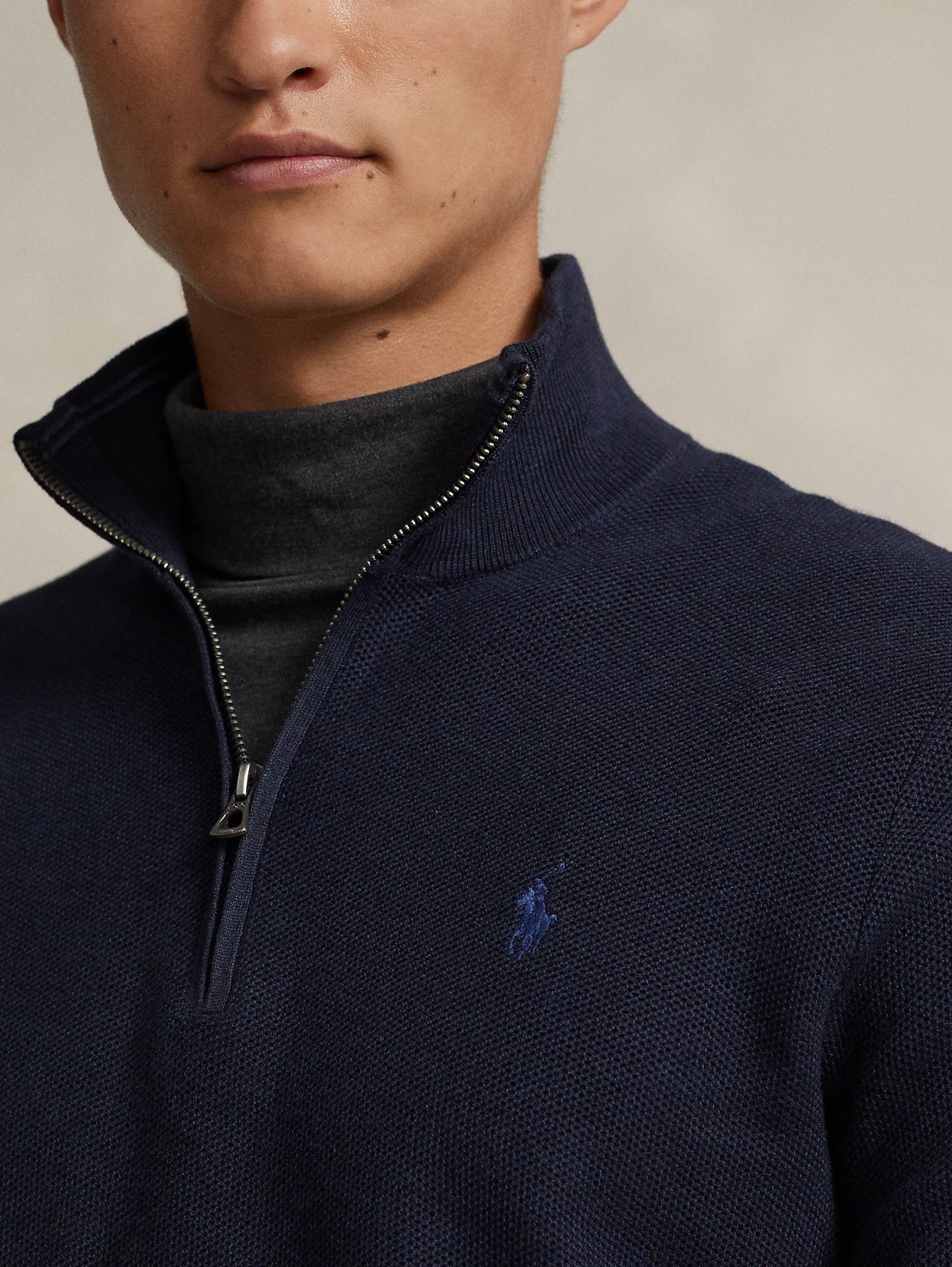 Piqué-Pullover mit halbem Reißverschluss aus blauer Baumwolle