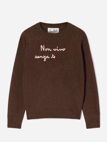 Maglione Oversize in Misto Cashmere con Ricamo Non vivo Senza Te Marrone