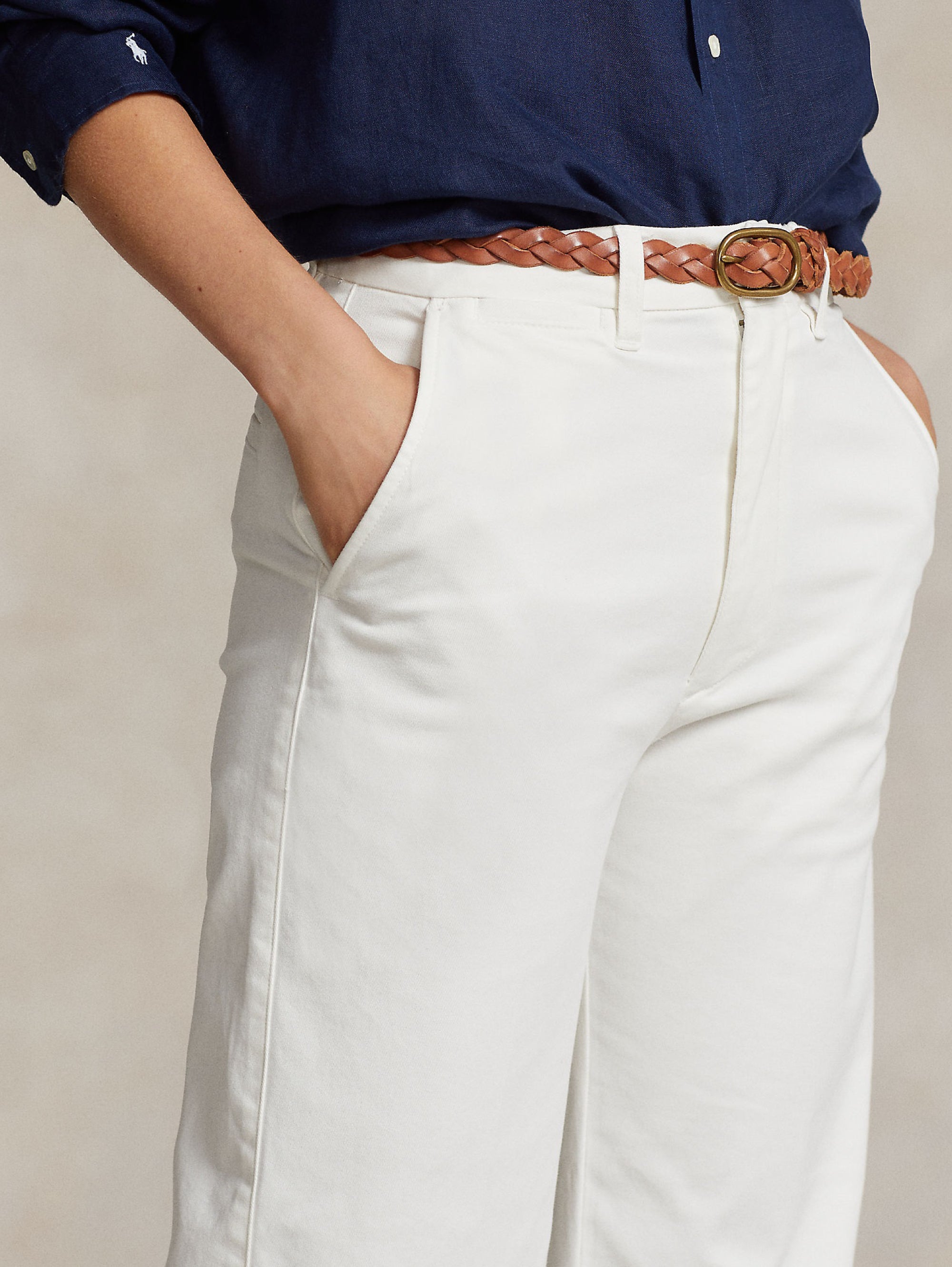 White Cropped Cotton Twill Trousers