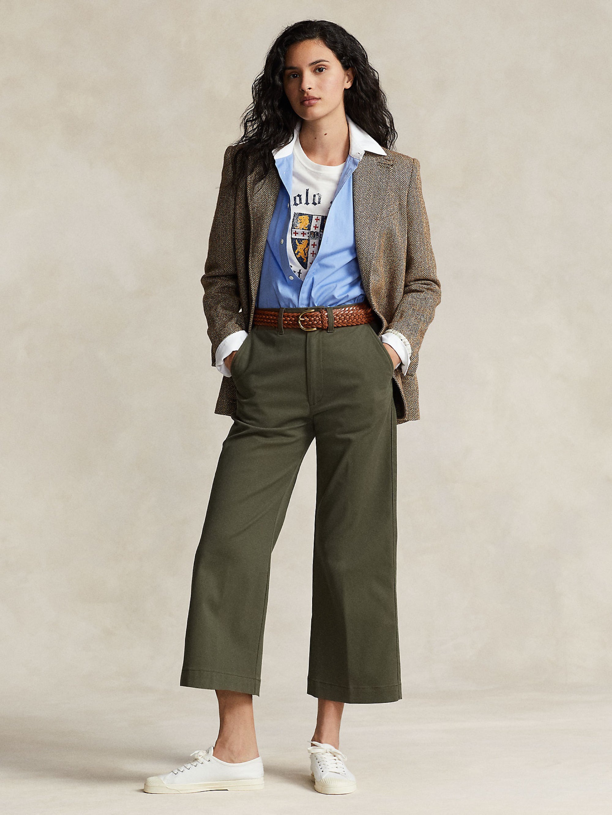 Green Cropped Cotton Twill Trousers
