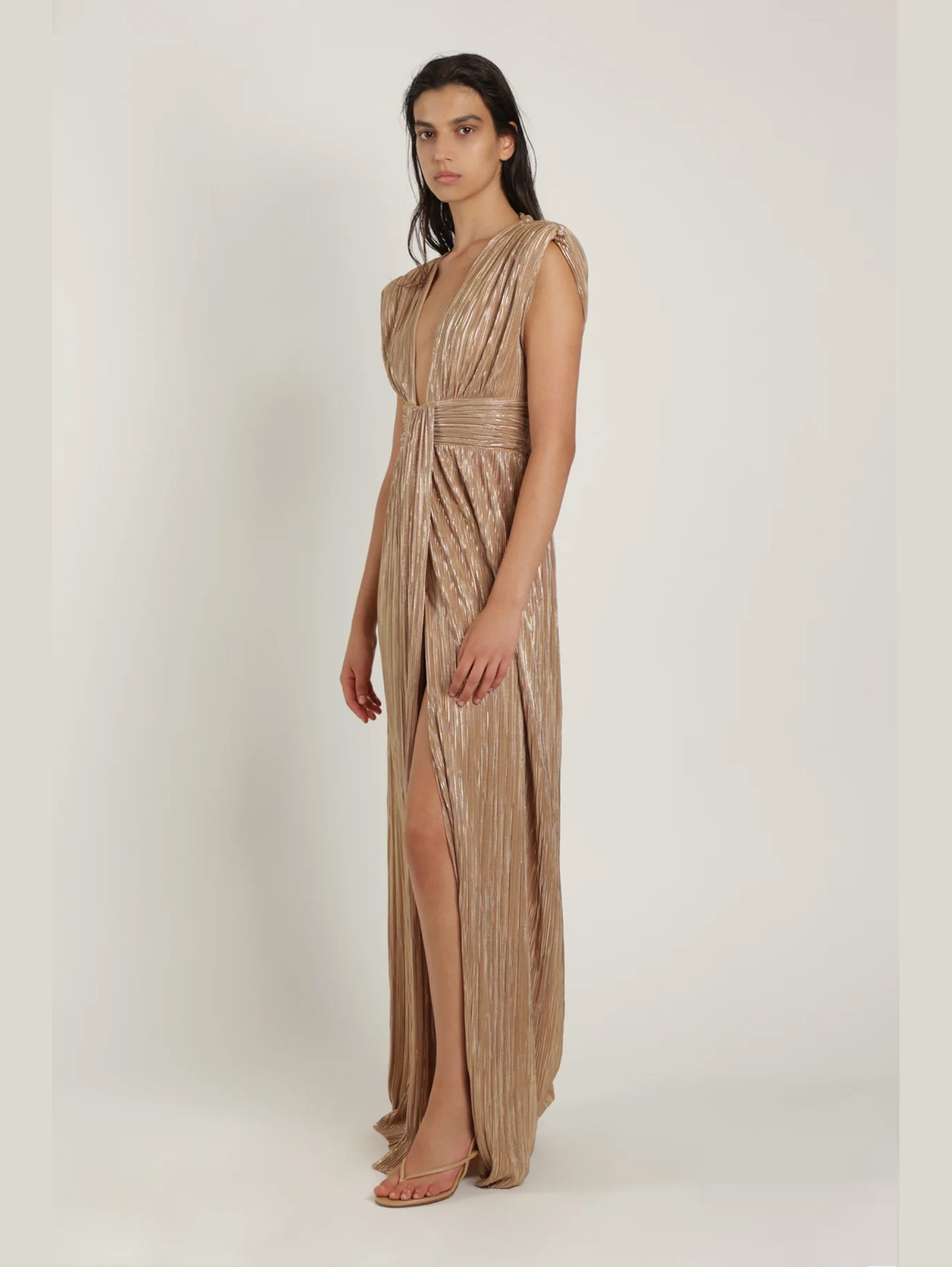 Pleated Knit Dress with Beige Draping