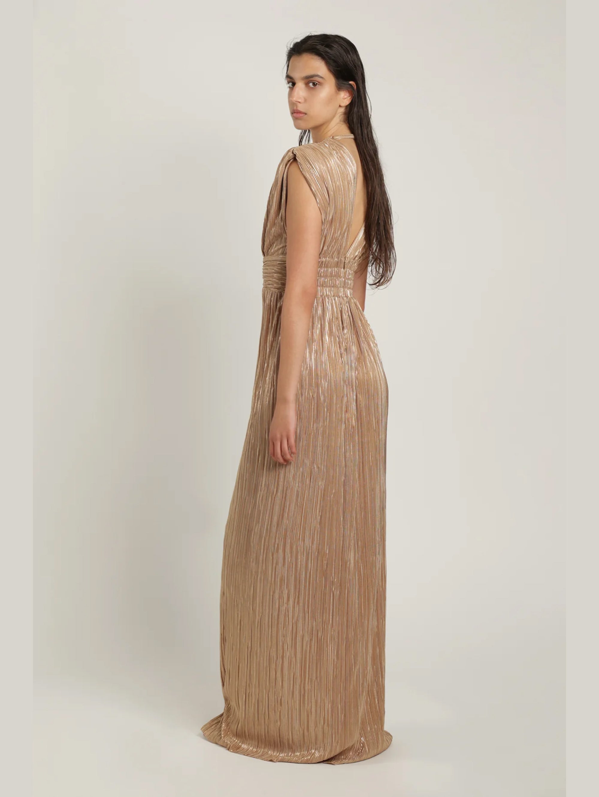 Pleated Knit Dress with Beige Draping