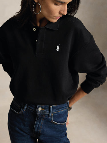 Polo-Kragen-Sweatshirt mit Knöpfen, schwarz