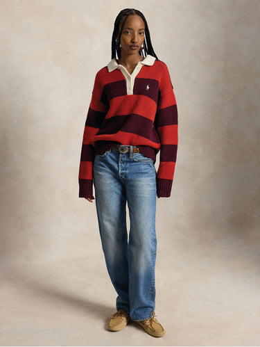 Maglione Stile Polo Da Rugby a Righe Rosso