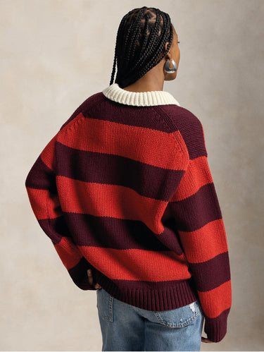 Maglione Stile Polo Da Rugby a Righe Rosso