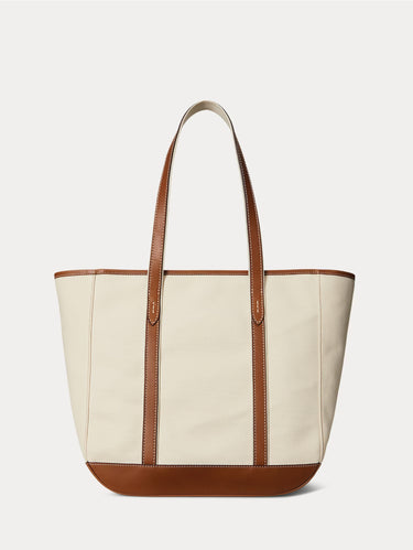 Shopper Tote in Tela e Pelle Ecrù/Cuoio