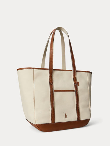 Shopper Tote in Tela e Pelle Ecrù/Cuoio