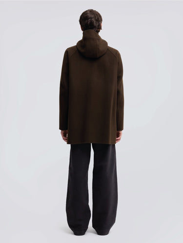 Braune Midi-Jacke mit Kapuze aus doppellagigem Wollstoff