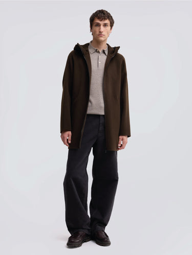 Braune Midi-Jacke mit Kapuze aus doppellagigem Wollstoff