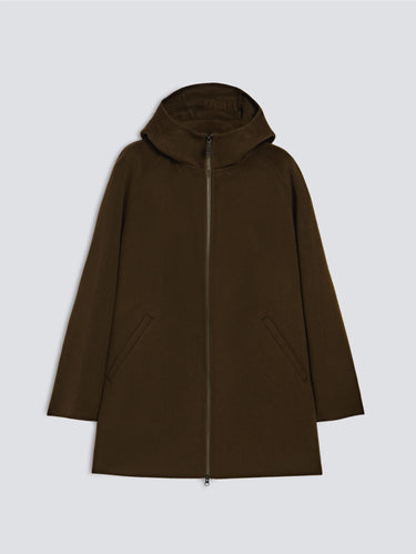 Braune Midi-Jacke mit Kapuze aus doppellagigem Wollstoff