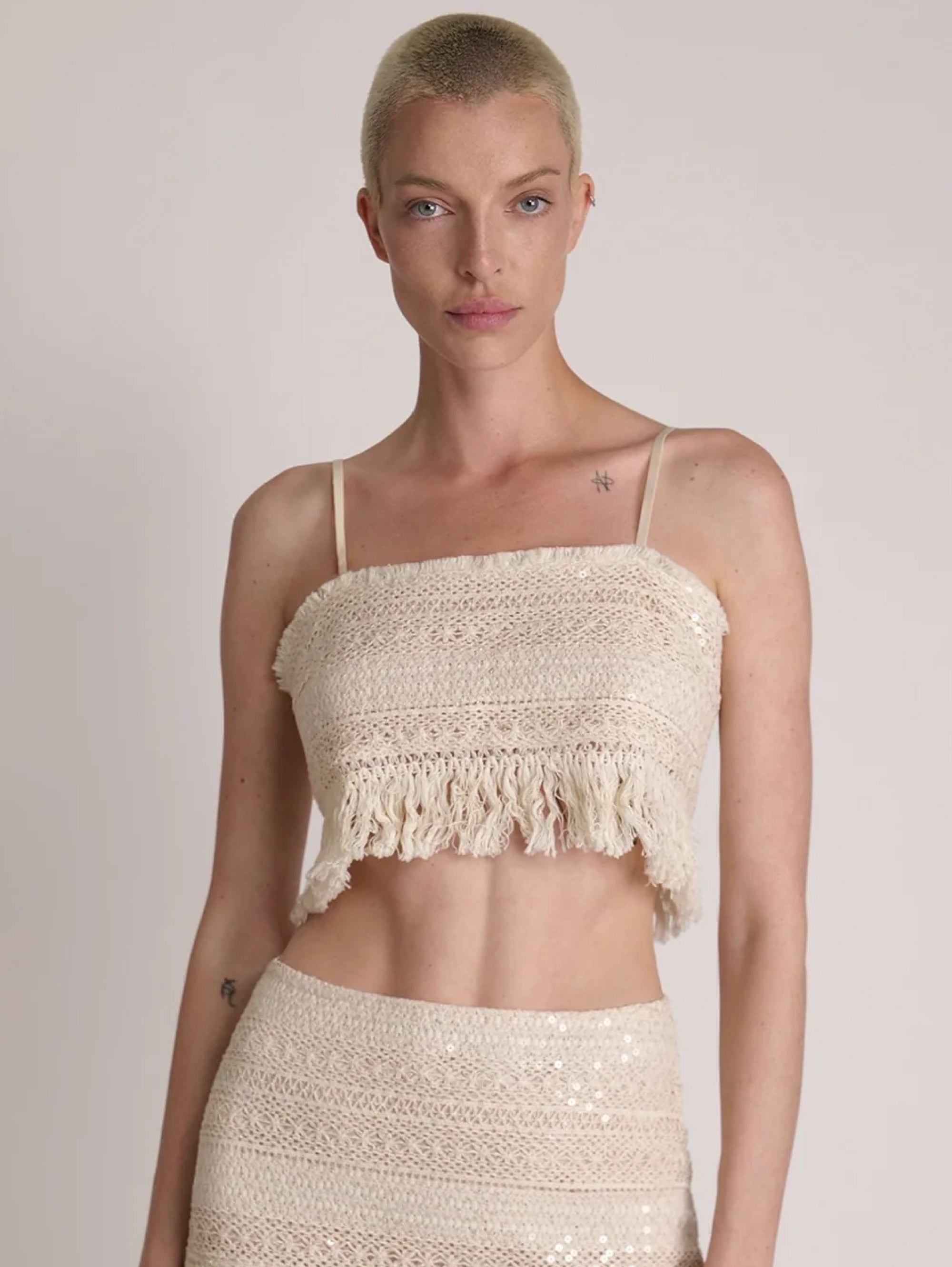 SABINA MUSÁYEV-Top Cropped in Pizzo e Paillettes Avena-TRYME Shop