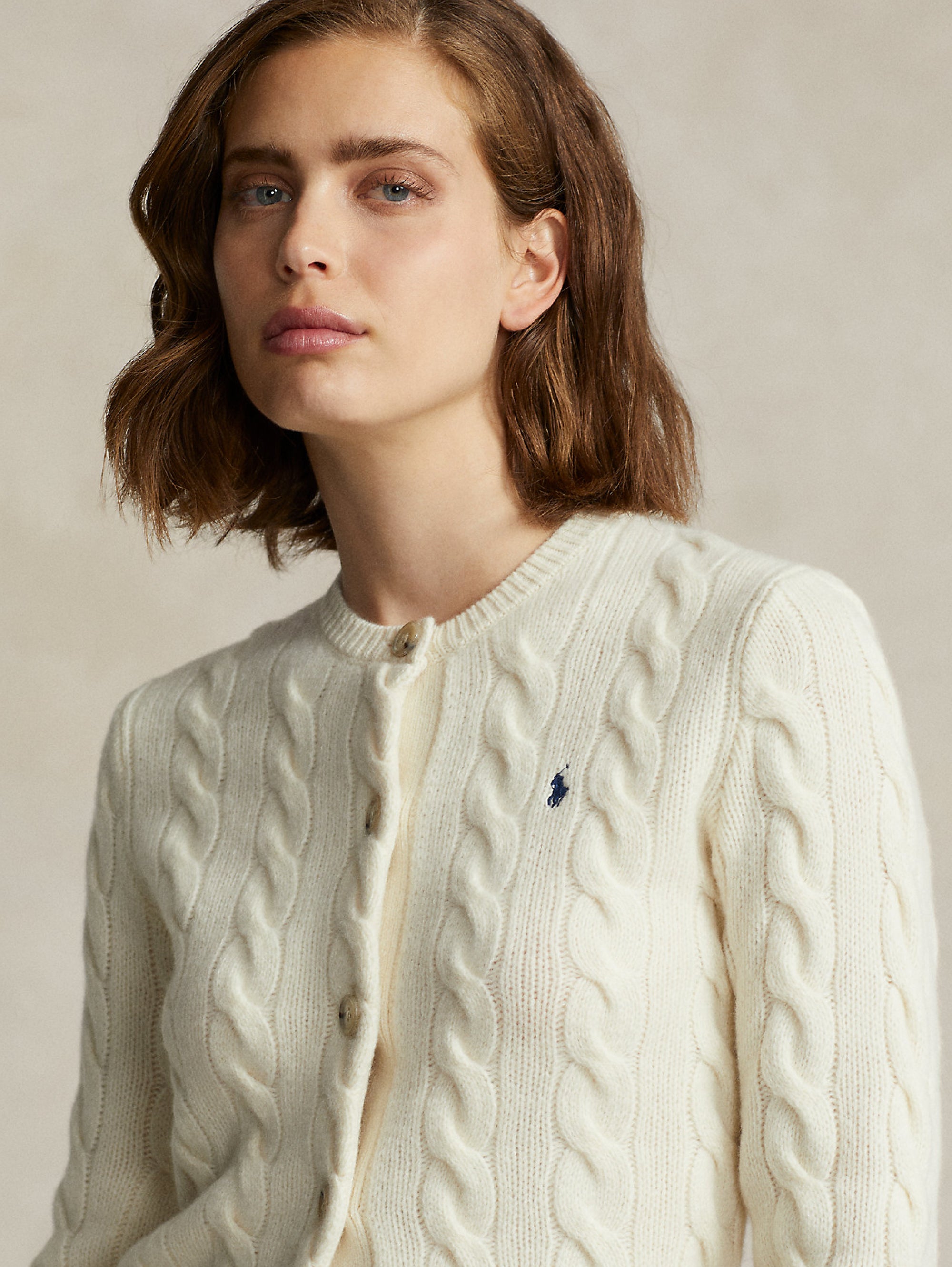 Cable Cardigan with Scalloped Closure in Cream