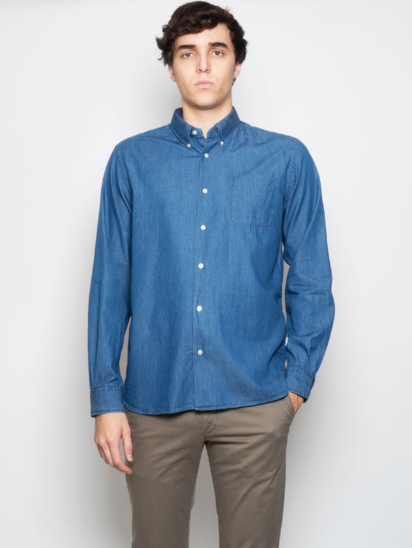 WOOLRICH-Camicia in Chambray con Taschino Blu-TRYME Shop