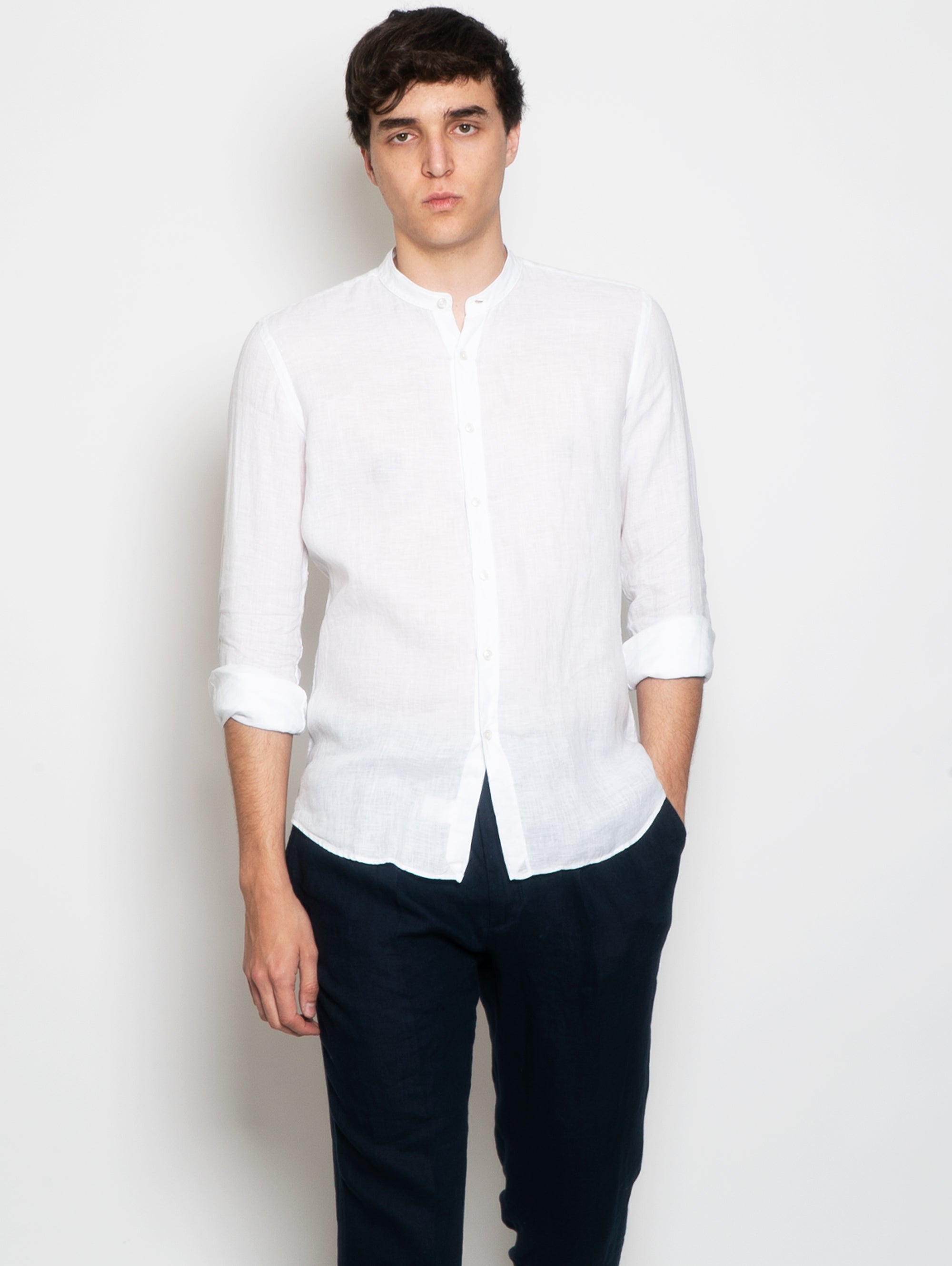 XACUS-Camicia Coreana in Lino Bianco-TRYME Shop