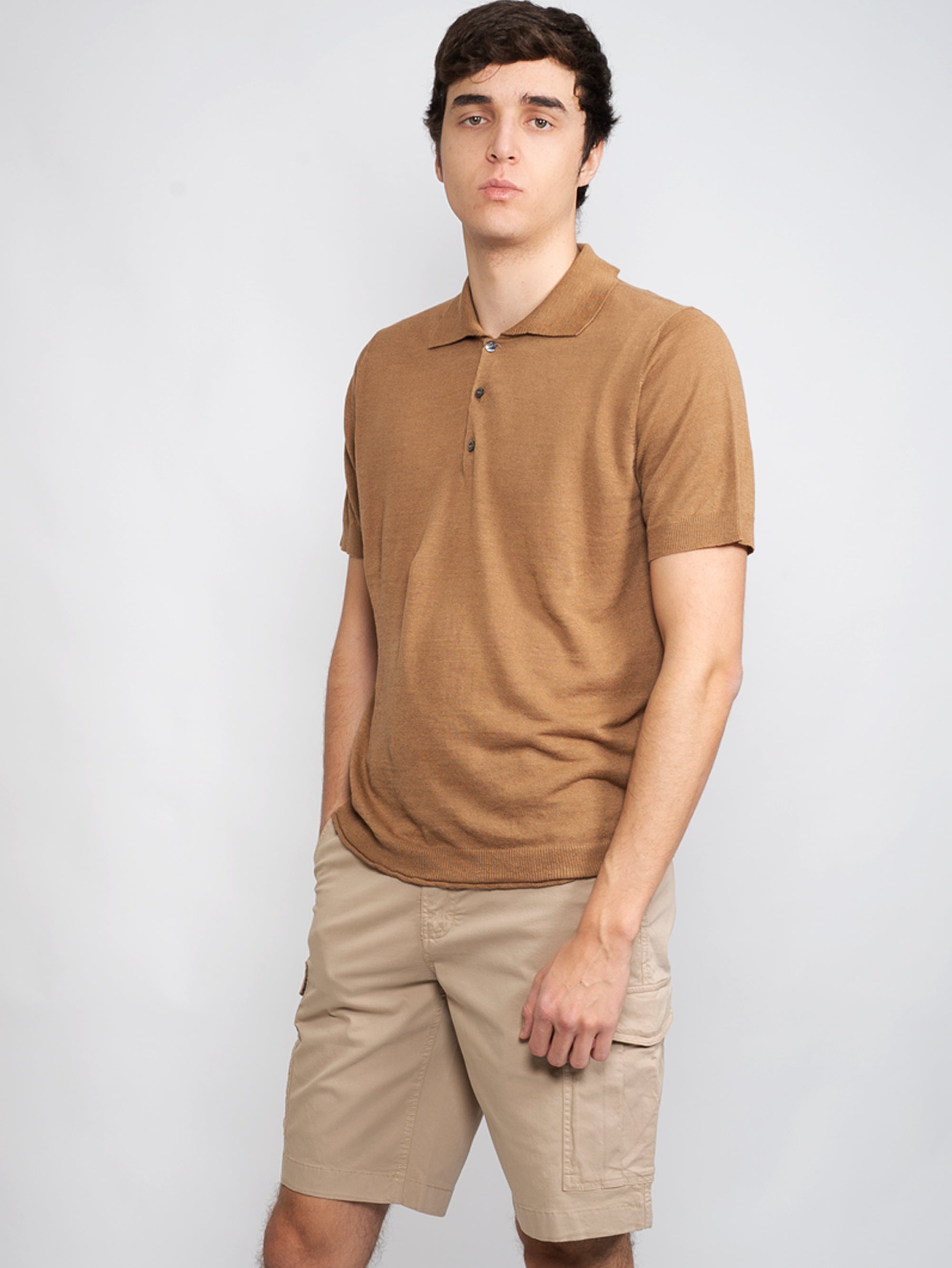 Brown Linen Blend Polo Shirt