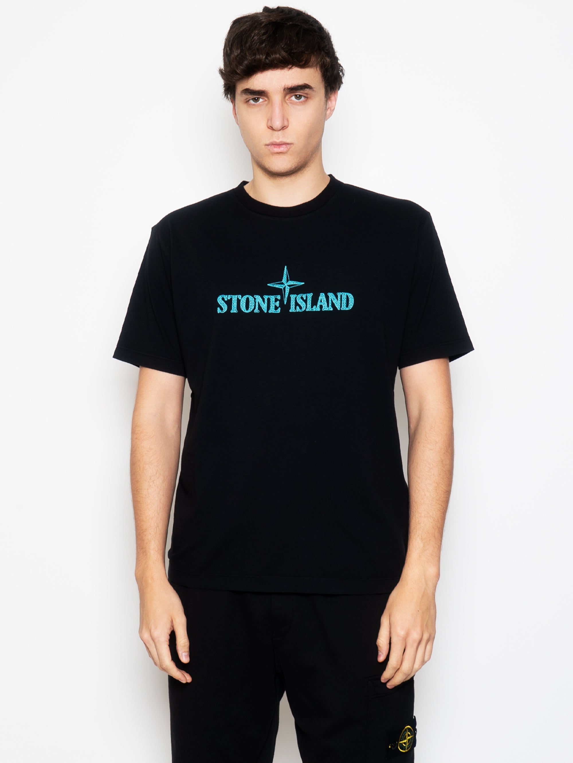 STONE ISLAND-T-shirt con Logo Ricamato Nero-TRYME Shop
