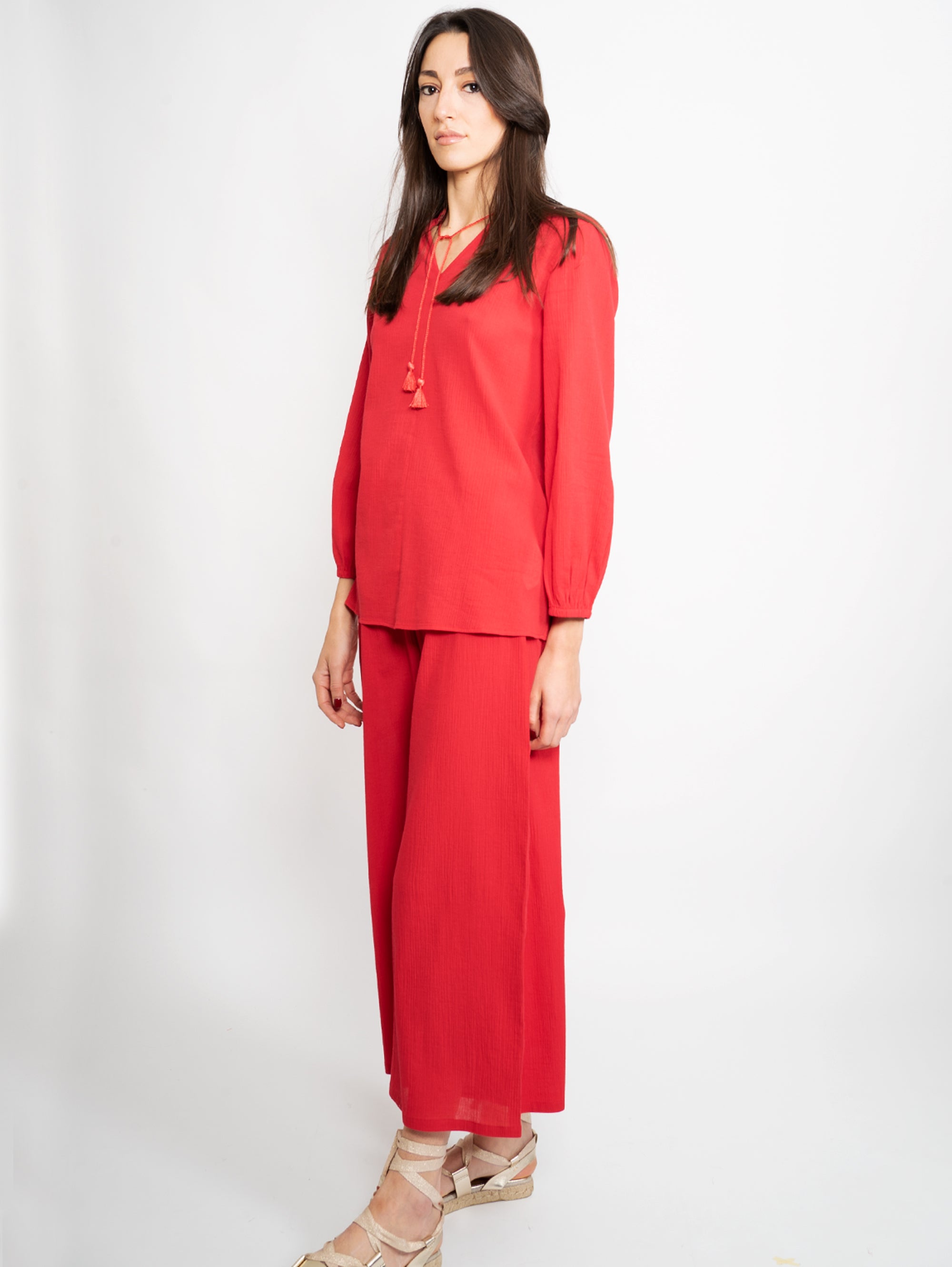 Wide Pants in Red Cotton Muslin