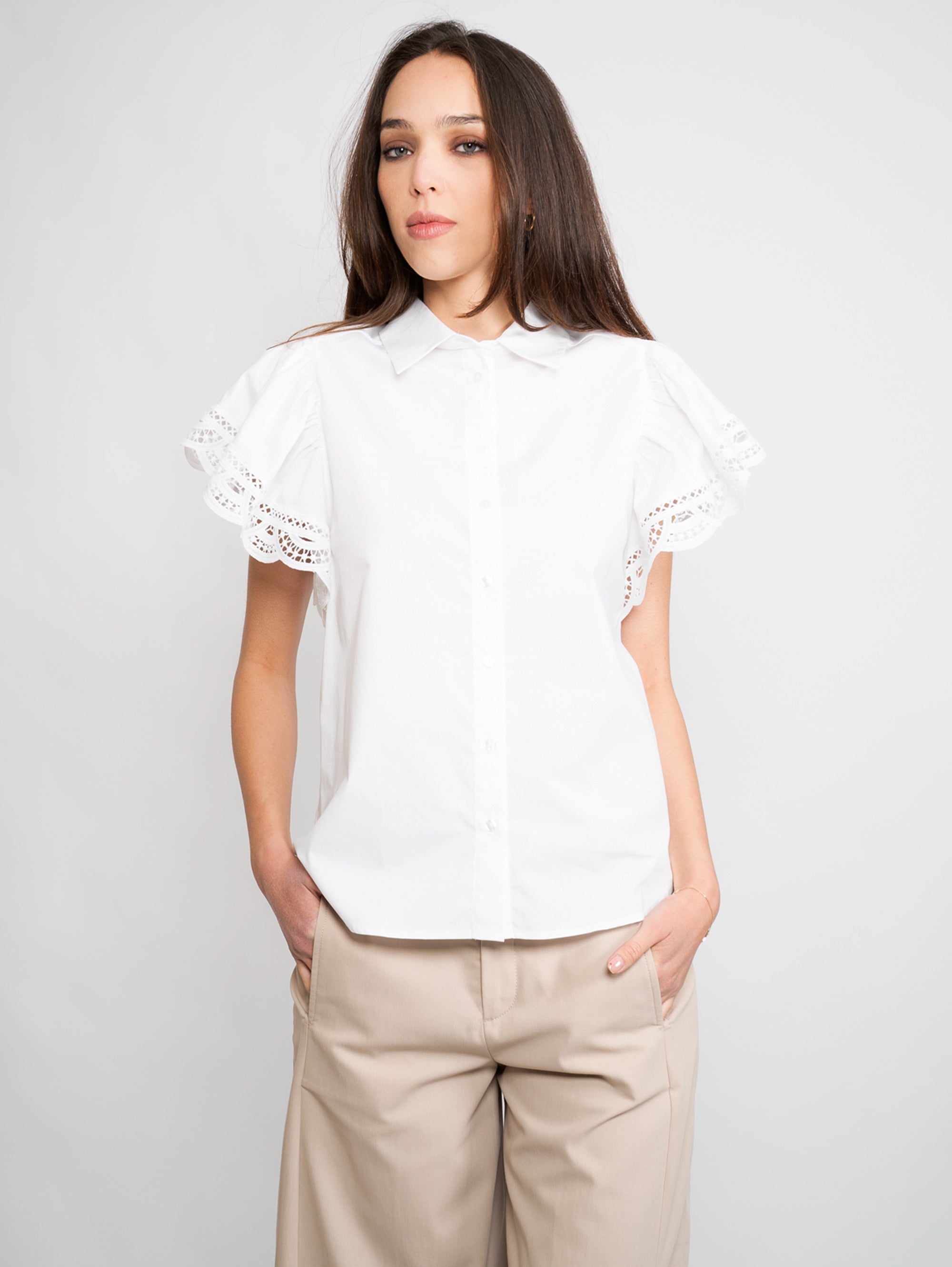 TWIN SET-Camicia con Pizzo Applicato Bianco-TRYME Shop