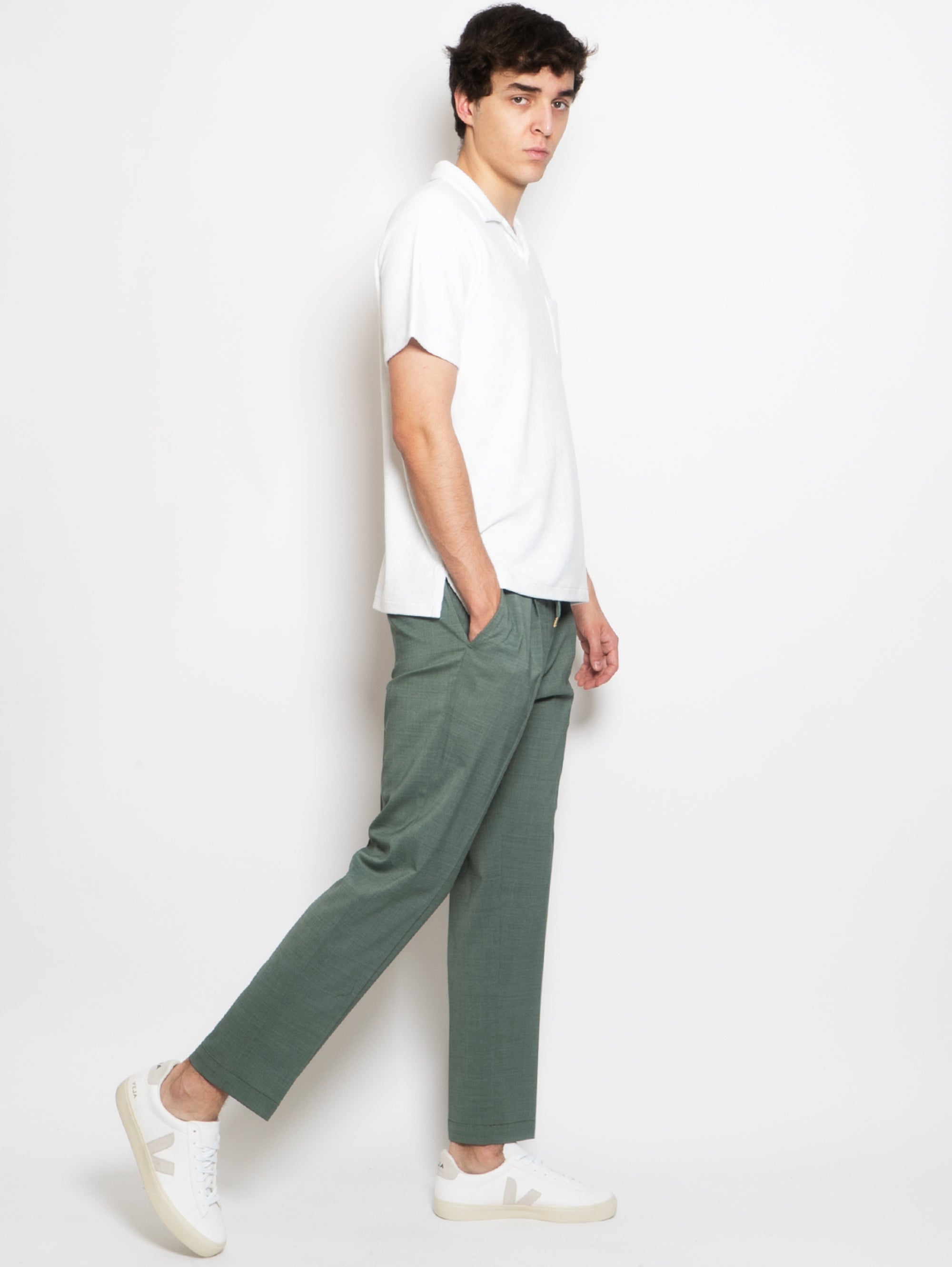 Pants with Drawstring and Pleats in Green Wool Blend