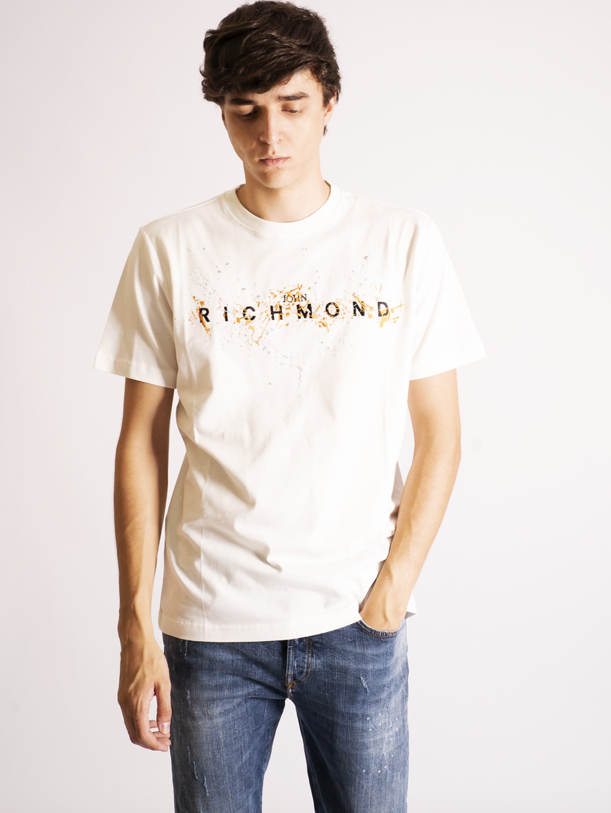 JOHN RICHMOND-T-shirt con Schizzi Ricamati Bianco-TRYME Shop