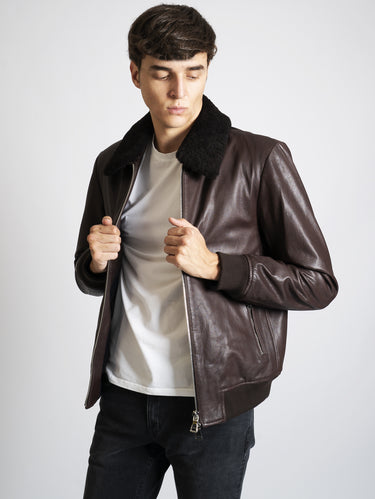 Lederjacke mit Lammfellkragen Dunkelbraun