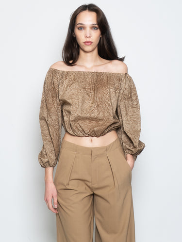 Blouse met all-over grafische print cacao/zand