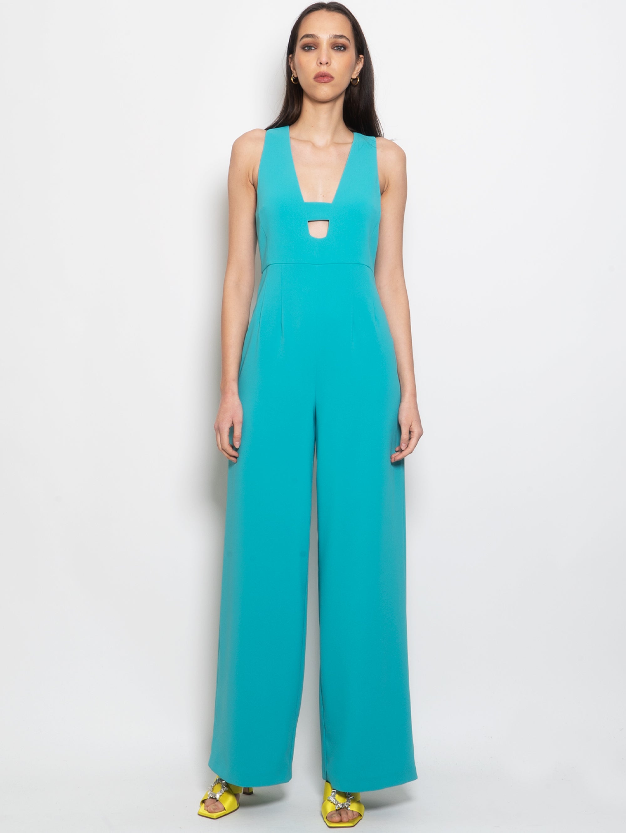Crepe Stretch Jumpsuit with Green Brooch