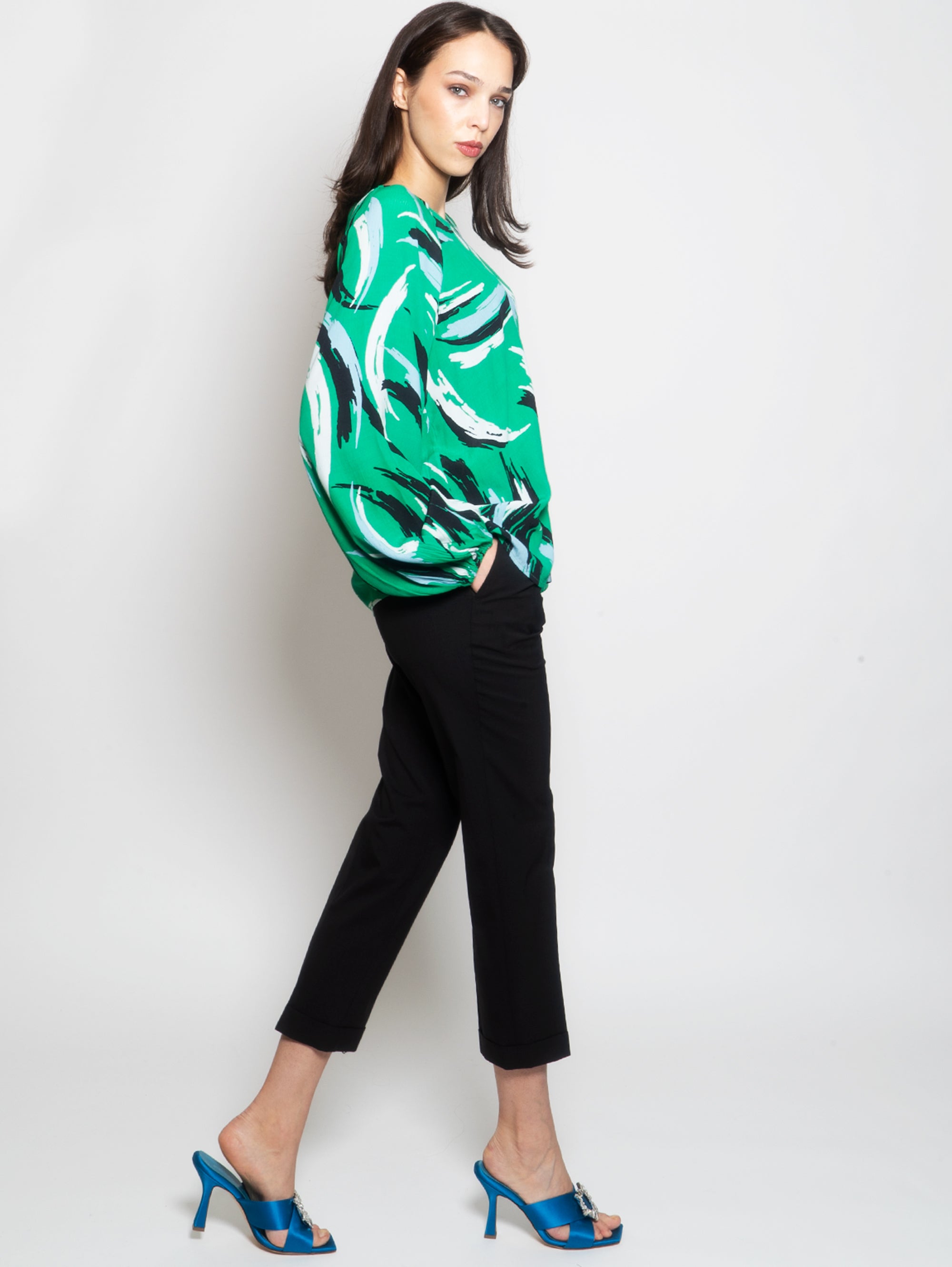 Printed Blouse with Green Balloon Sleeves