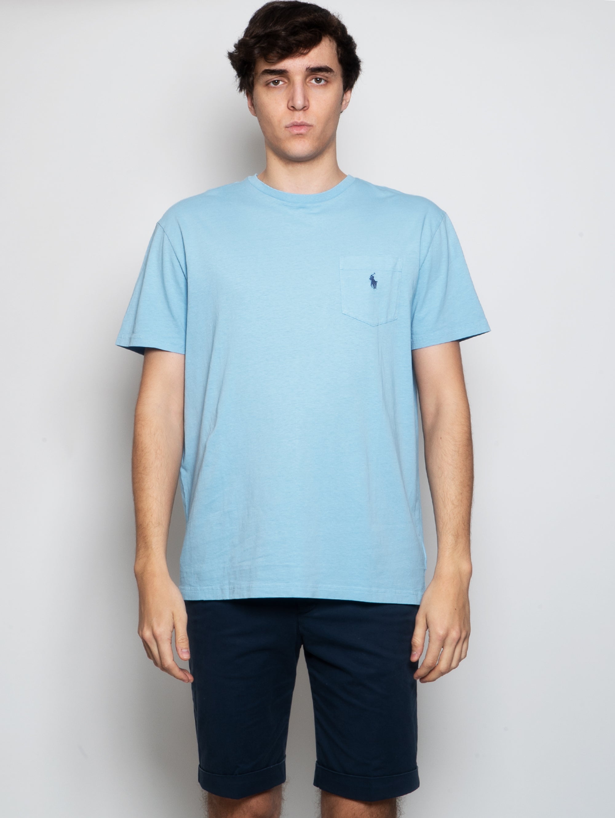 RALPH LAUREN-T-shirt in Cotone e Lino con Taschino Blu Polvere-TRYME Shop