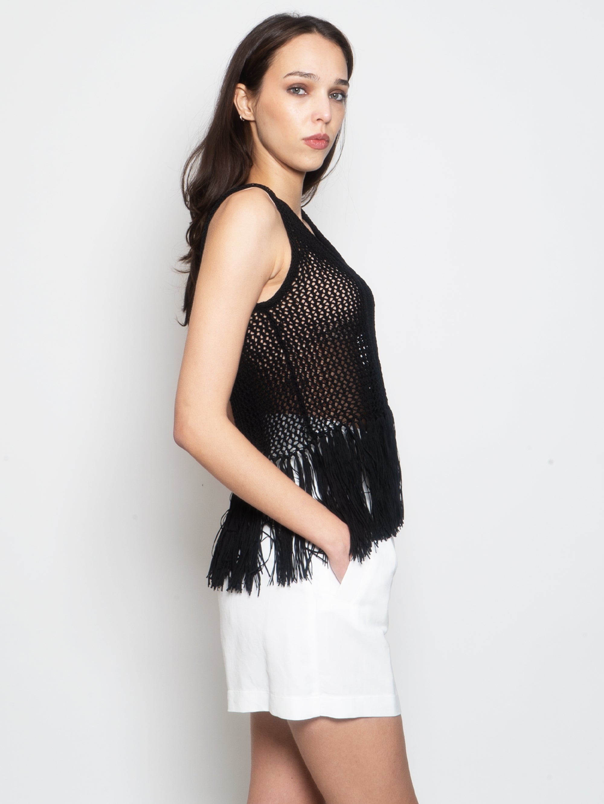 Crochet Knit Top with Black Fringes