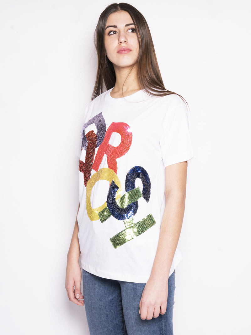 Coposh D110594 - T-shirt con logo in paillettes Bianco-Blusa-P.A.R.O.S.H.-TRYME Shop