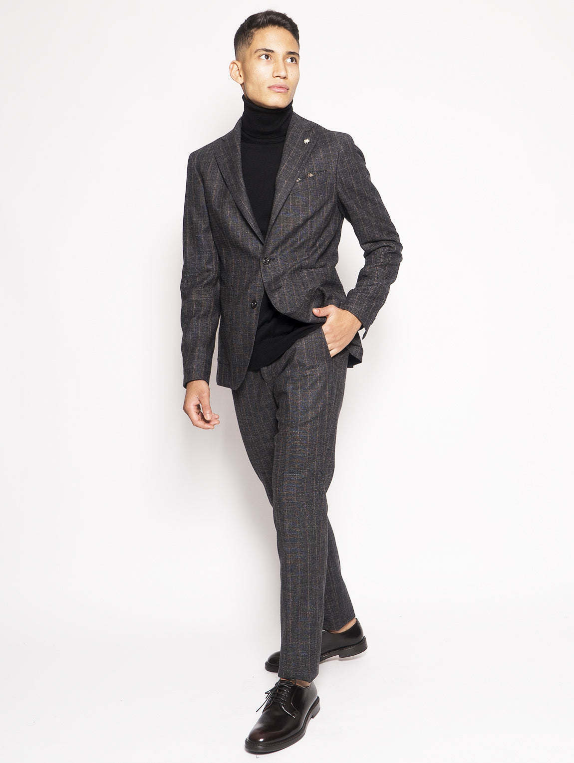 Gray wool blend pinstripe suit