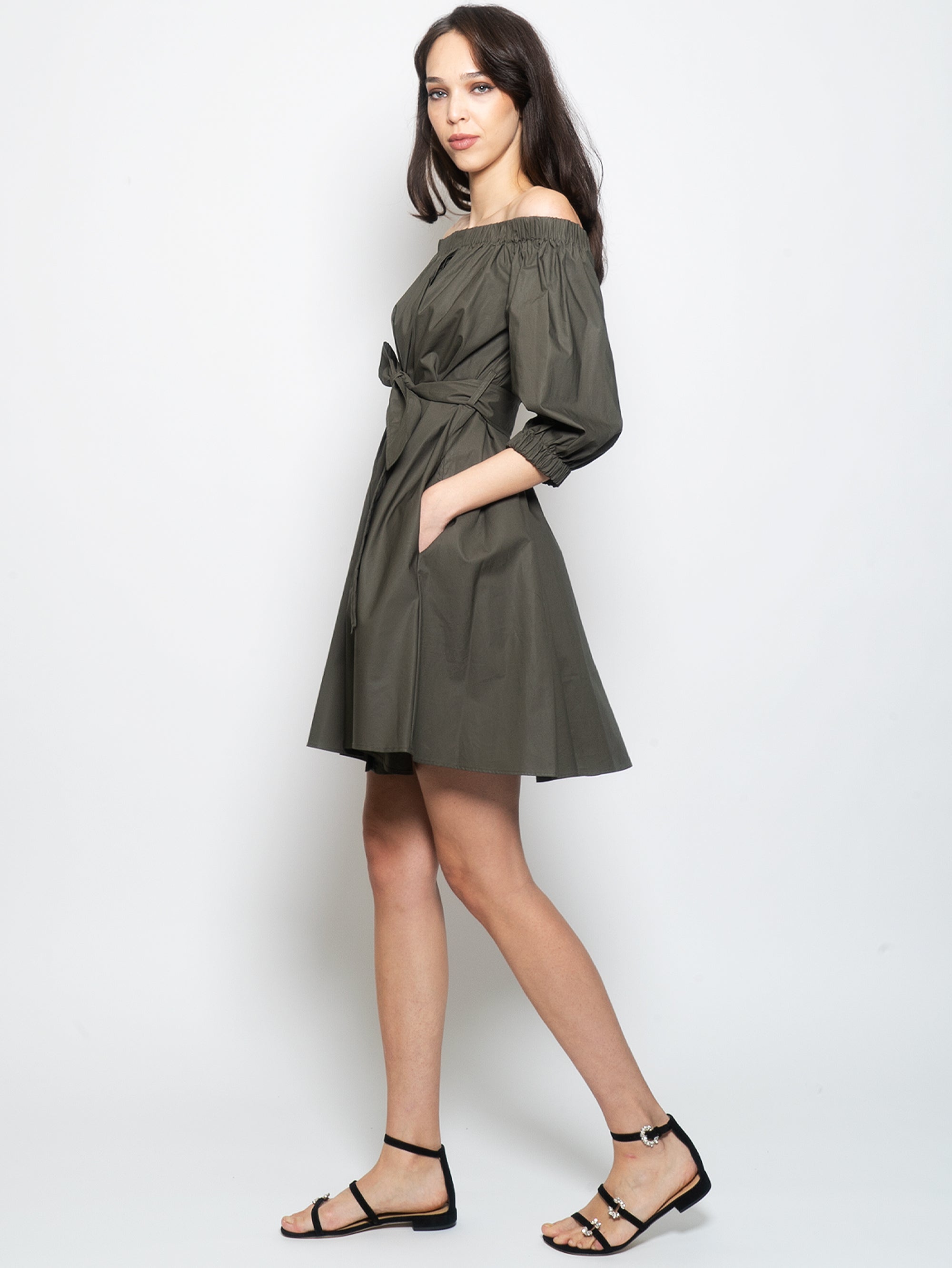 Short Pleated Dress in Green Cotton