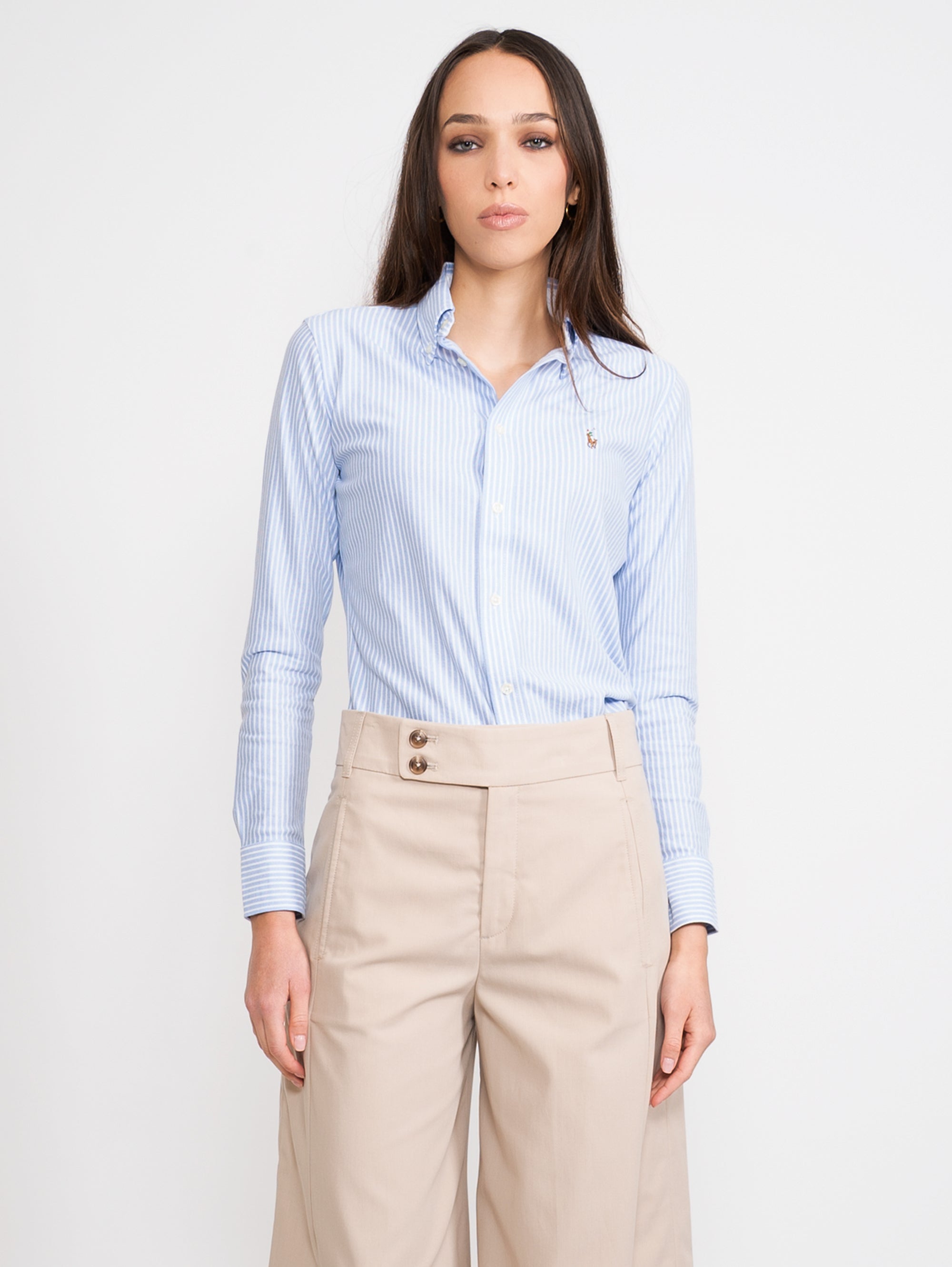 RALPH LAUREN-Camicia Knit Oxford Bianco/Blu-TRYME Shop