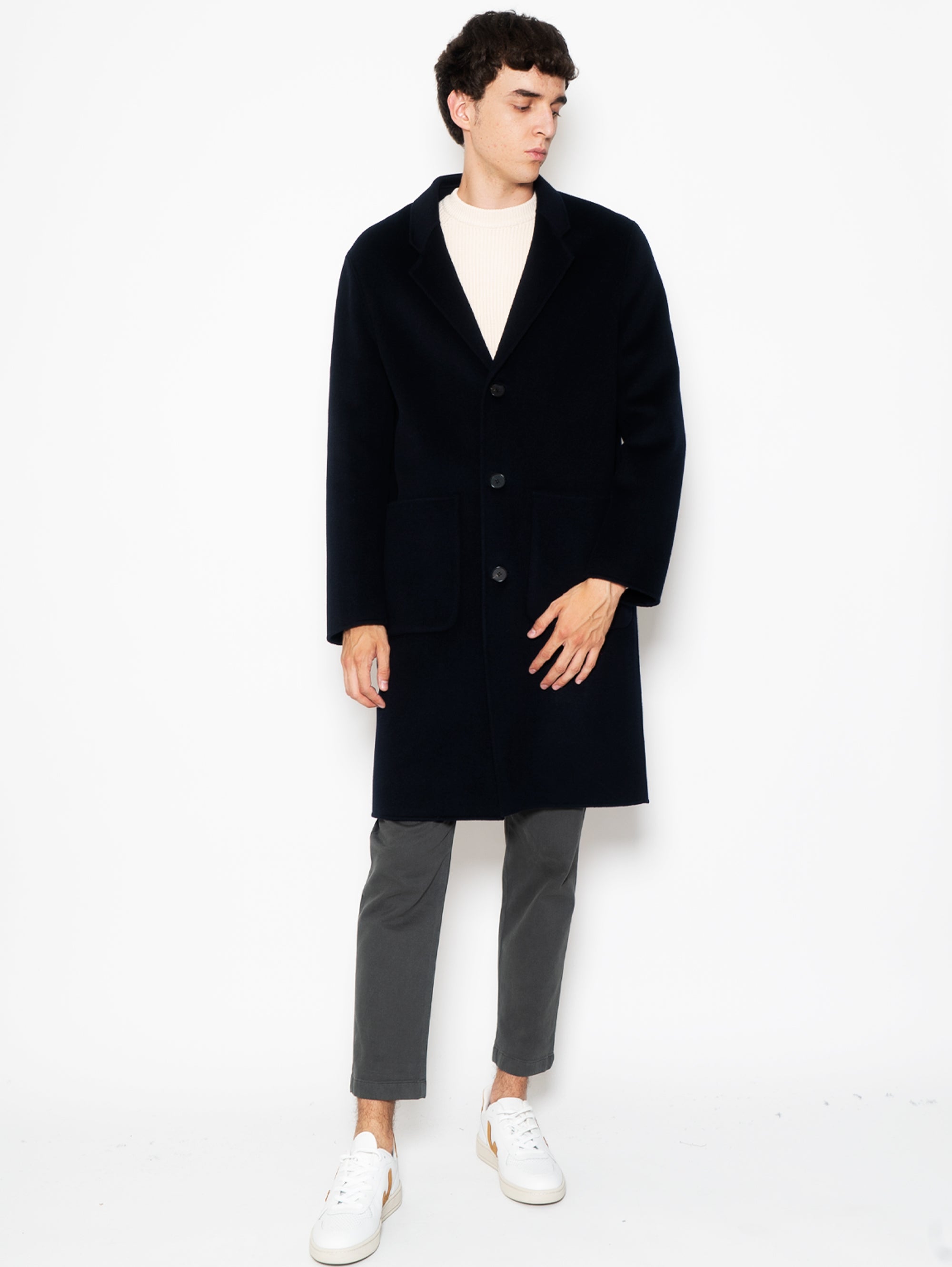 Single-Breasted Navy Cashmere Blend Coat