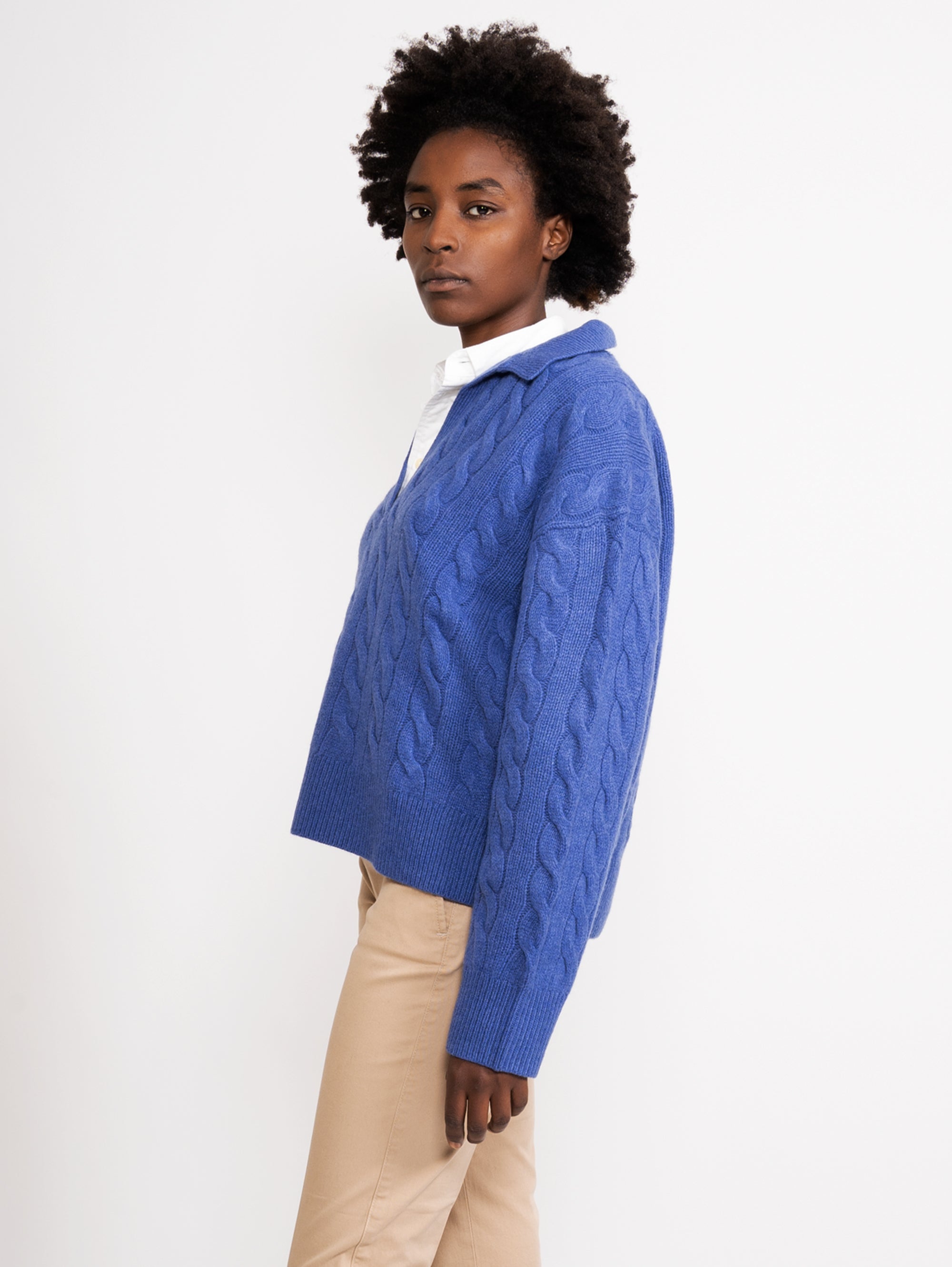 Cable-knit Sweater with Sapphire Blue Polo Neck