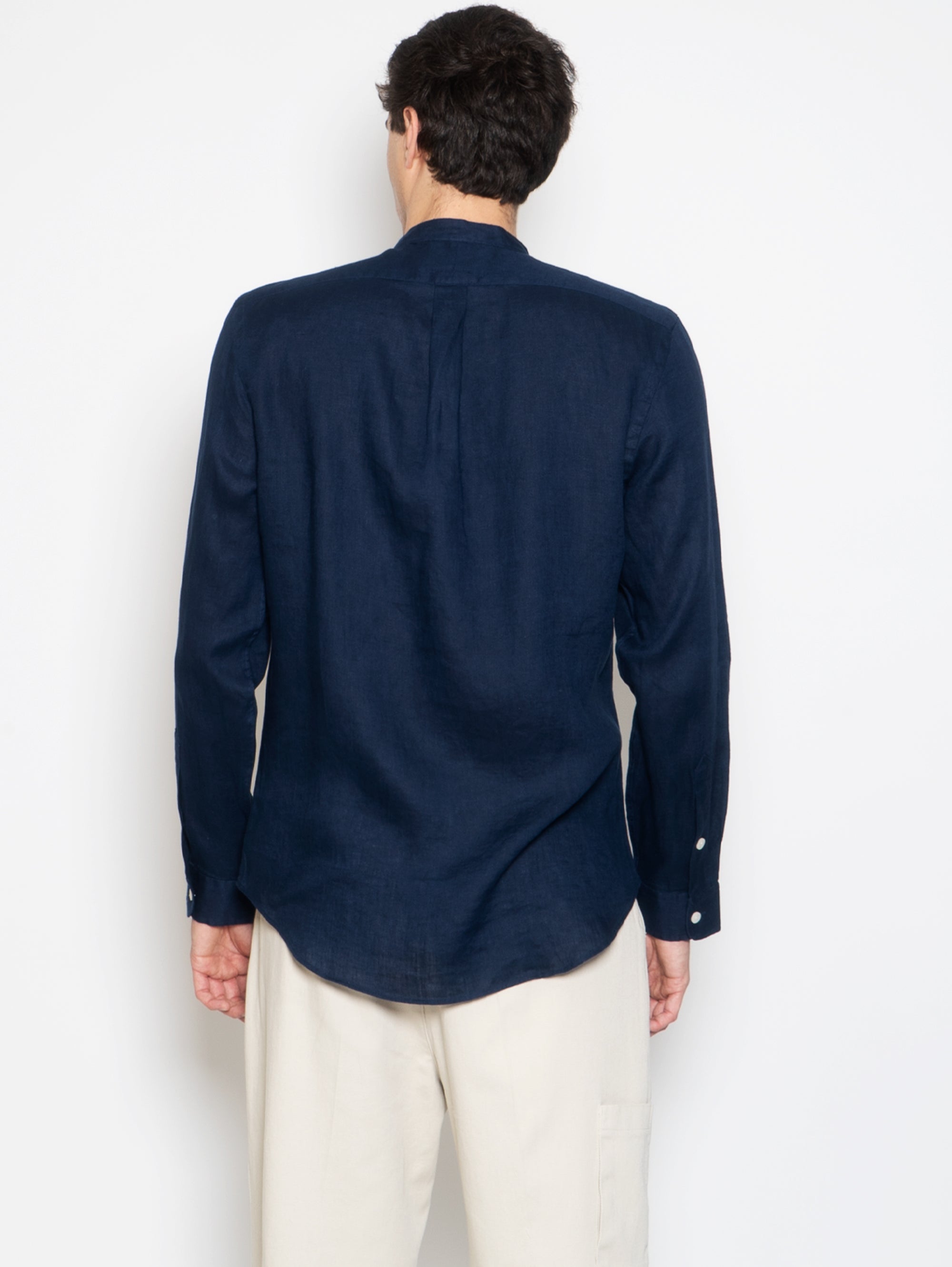 Blue Mandarin Collar Linen Shirt