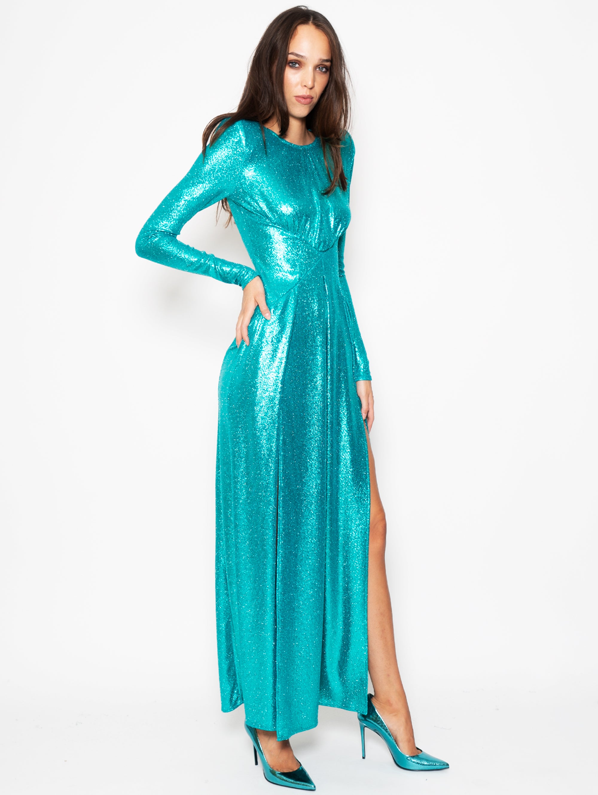 Grünes Lurex-Kleid mit Rundhalsausschnitt