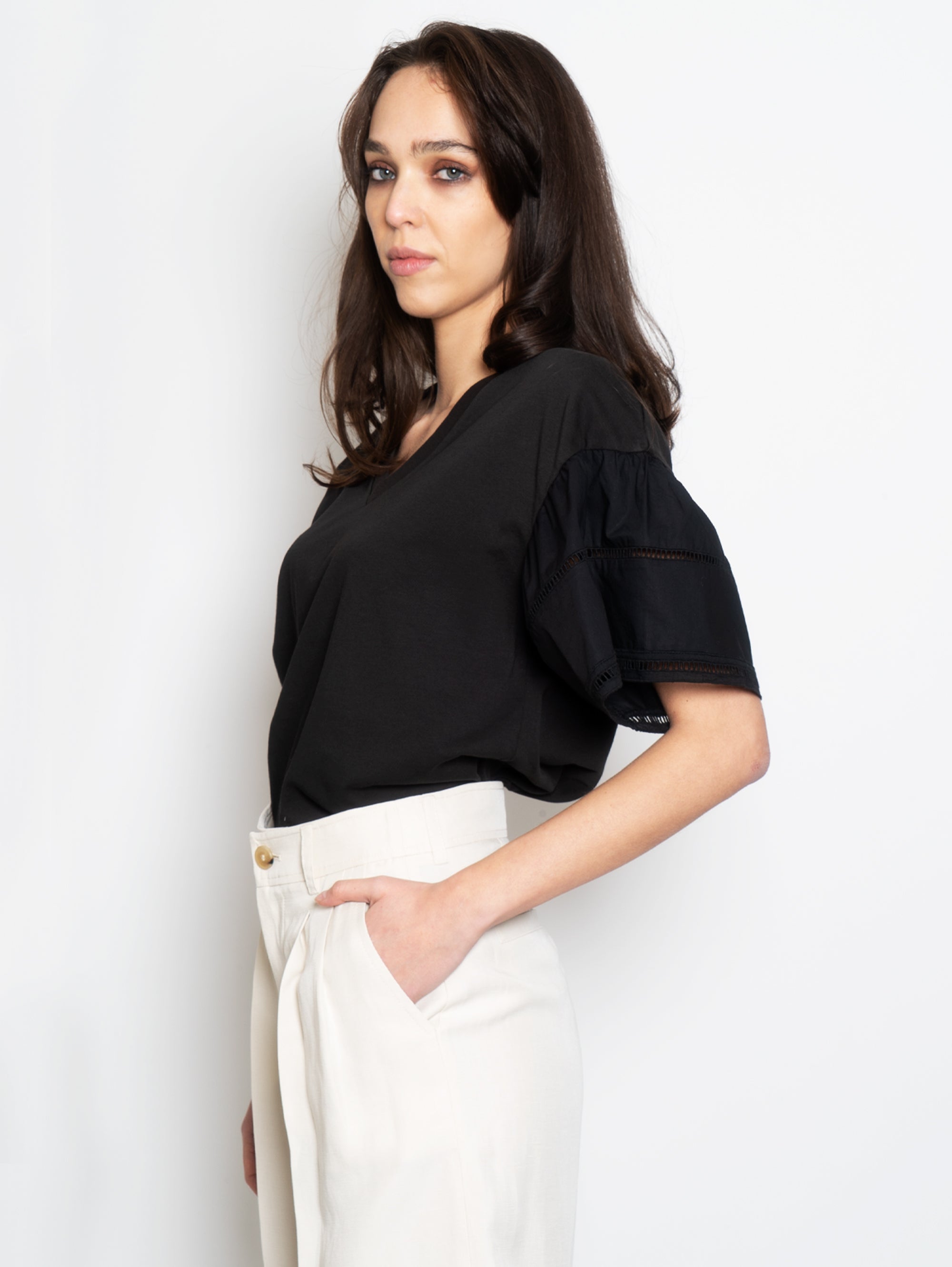 T-shirt with Black Ruffle Short Sleeves