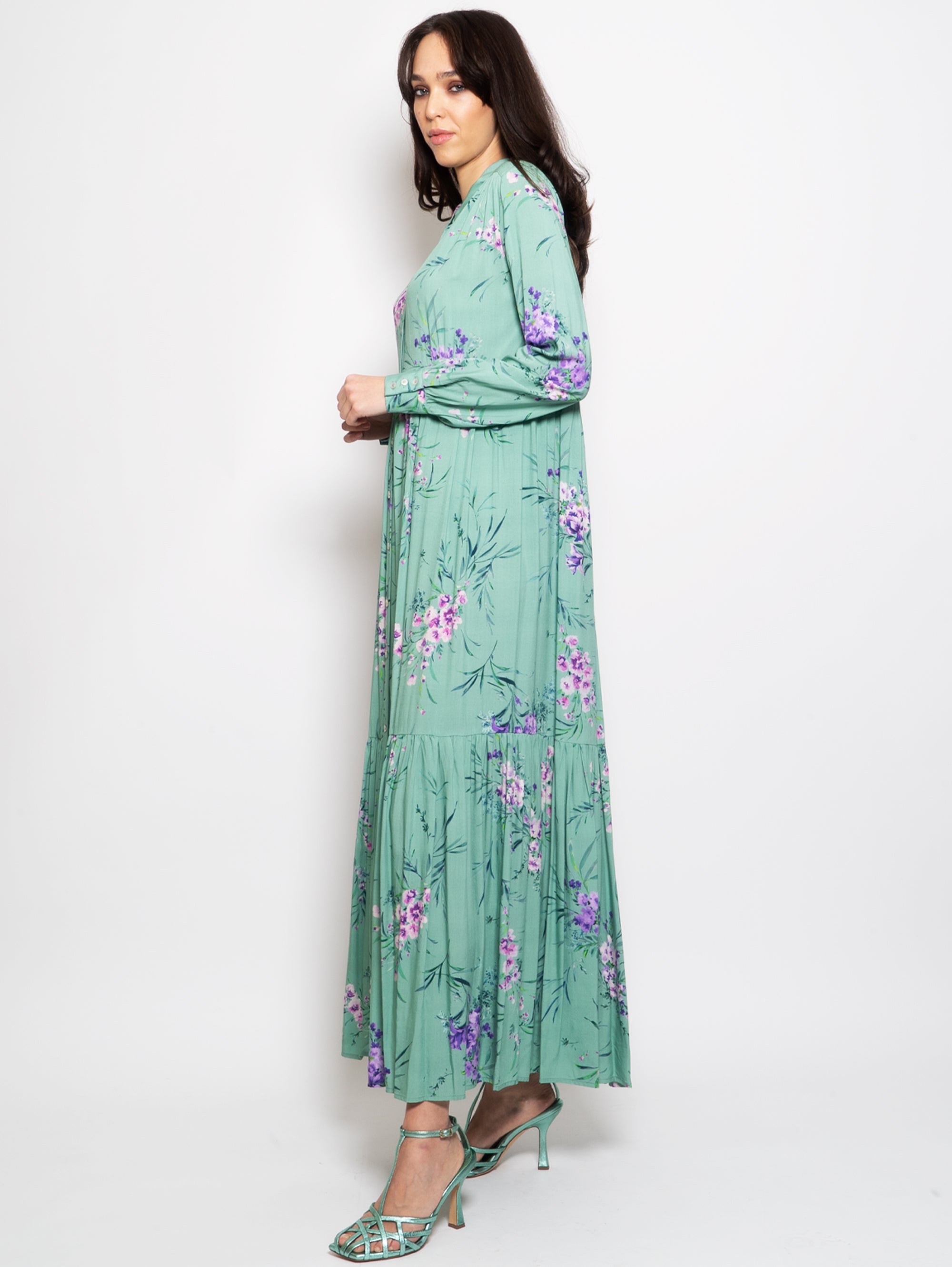 Long Chemisier Dress with Green Floral Print