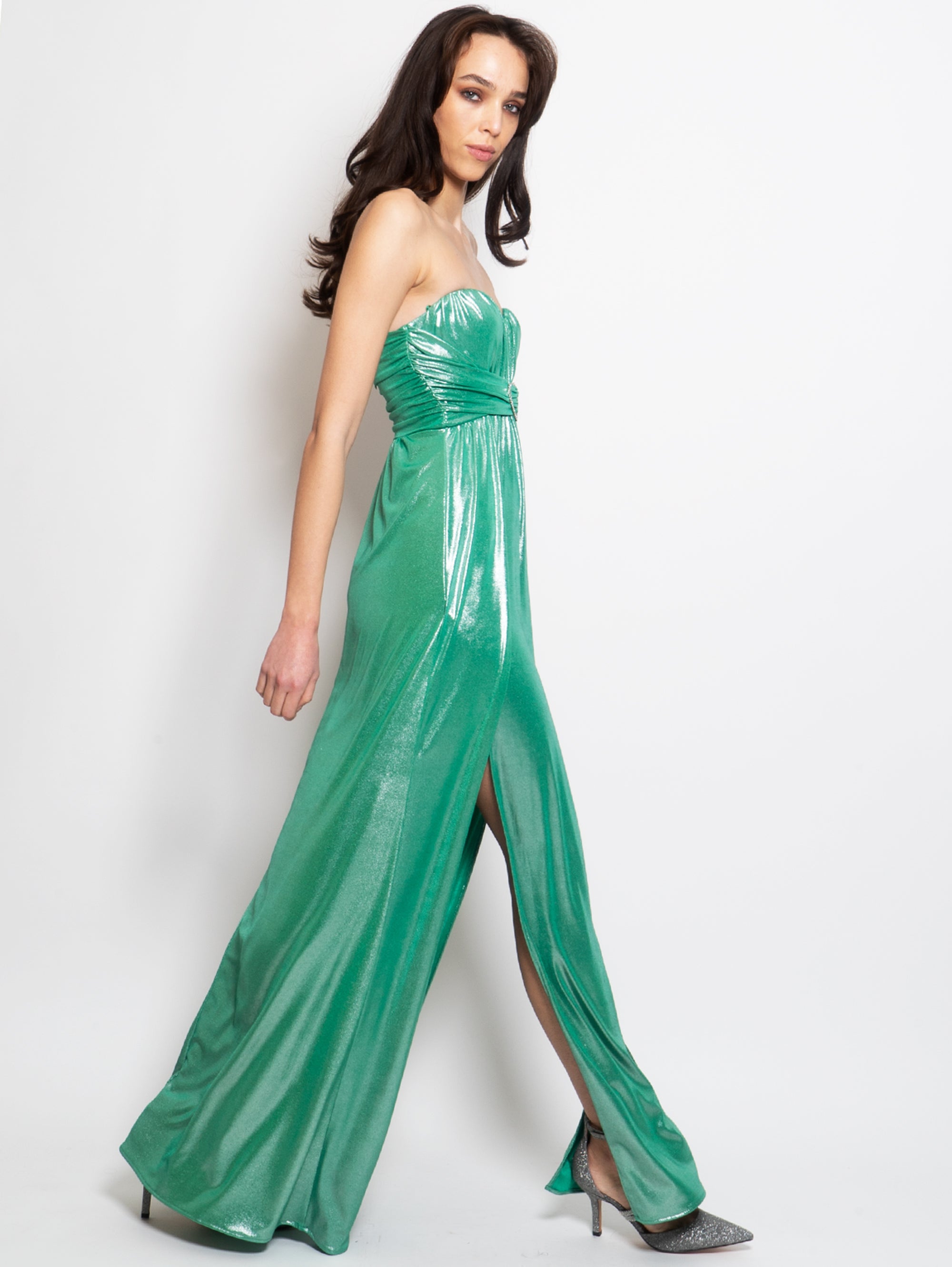 Laminated Dress with Green Heart Neckline