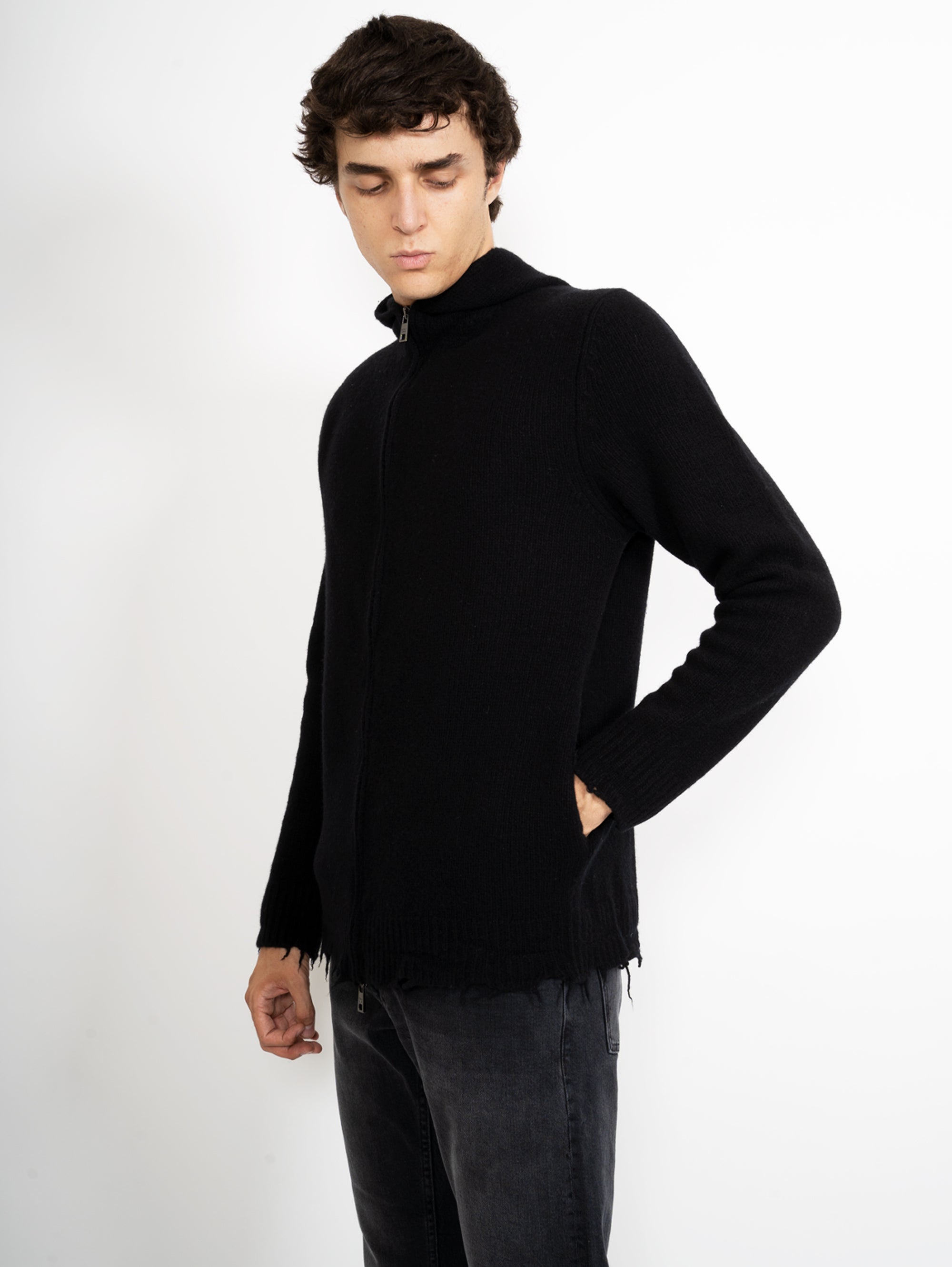 Knitted Cardigan with Black Hood