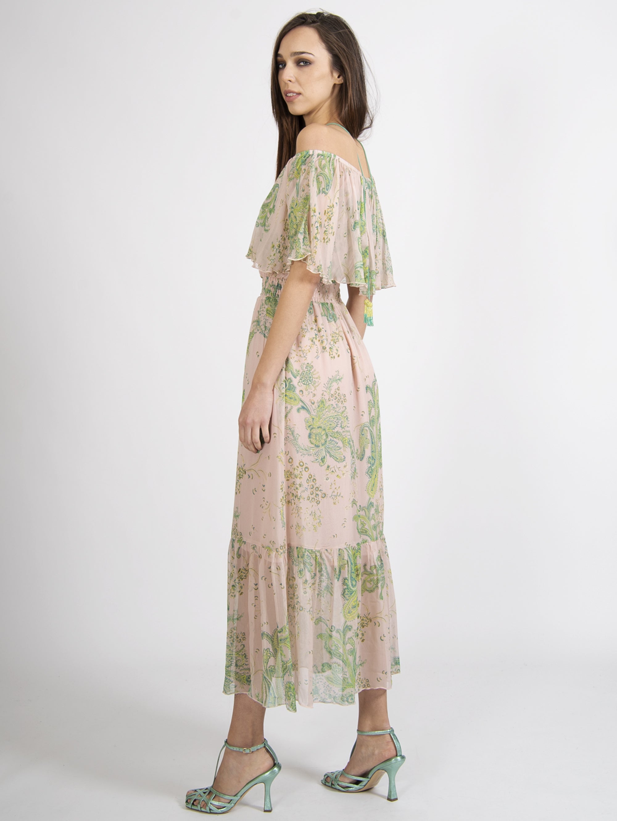 Langes Kleid mit rosa / grünem Kaschmir-Print