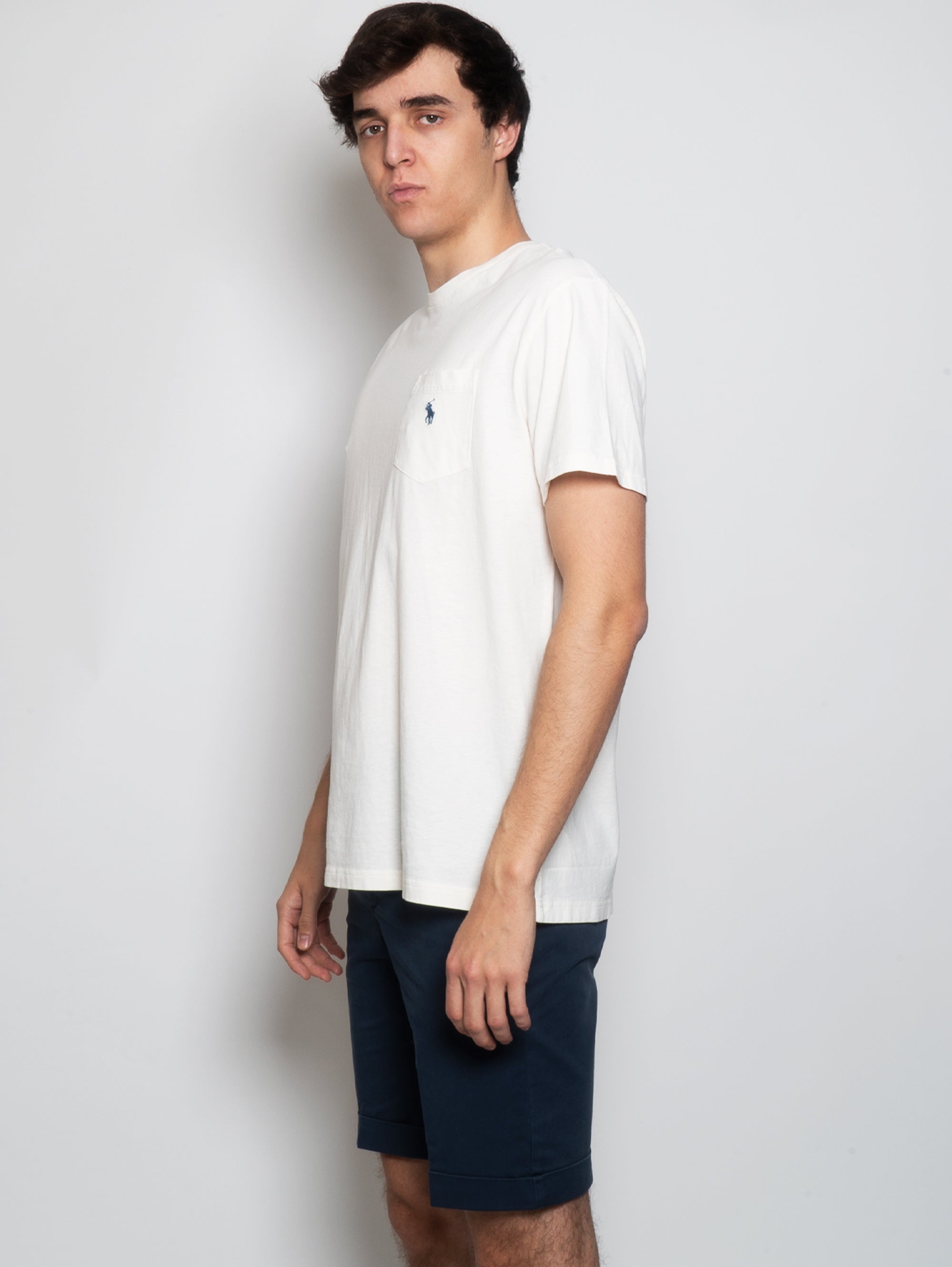 Cream Cotton and Linen T-shirt with Pocket